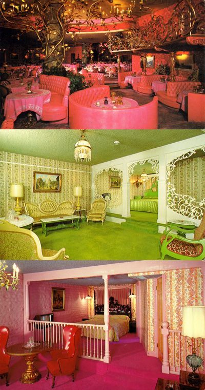 there are two pictures of the inside of a house with pink and gold furniture in it