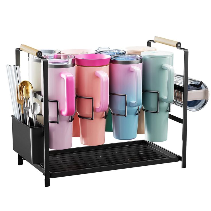 a rack with cups and utensils on it