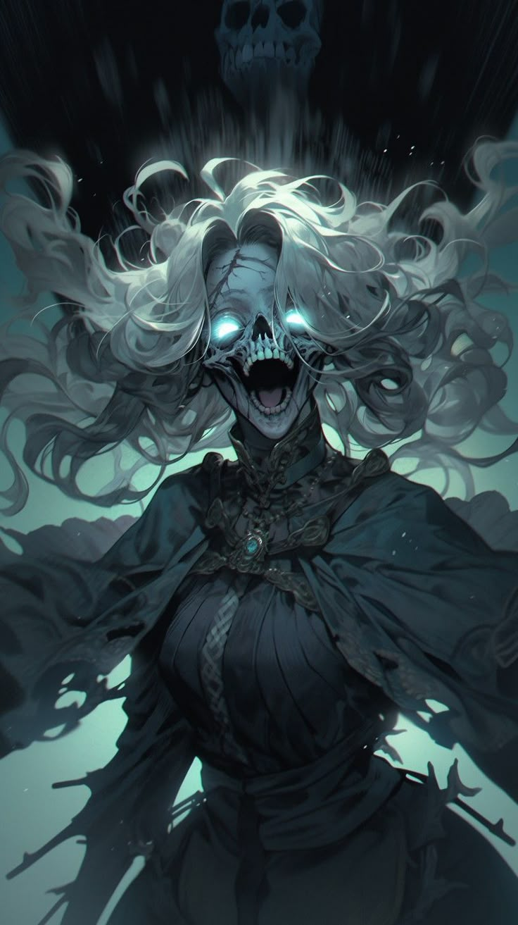 a woman with white hair and blue eyes is in front of a skull wearing a black dress