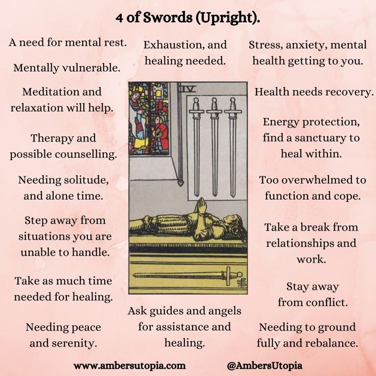 4 of Swords in upright position. These are the meanings are this tarot card from the suit of swords.

#tarot #fourofswords #4ofswords Tarot 4 Of Swords, Suit Of Swords Tarot, 5 Of Swords Tarot Meaning Reversed, 4 Of Swords Tarot Meaning, Four Of Swords Tarot Meaning, 6 Of Swords Tarot Meaning, Four Of Swords Tarot, 4 Of Swords, 3 Of Swords