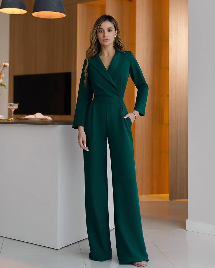 Elegant Jumpsuit Long Sleeve, Jumpsuits For Graduation, Office Jumpsuit Work Outfits, Outfit For Graduation, Wide Leg Jumpsuit Outfit, Jumpsuits For Women Classy, Simple Classy Wedding Dress, Wide Jumpsuit, Long Sleeved Jumpsuit