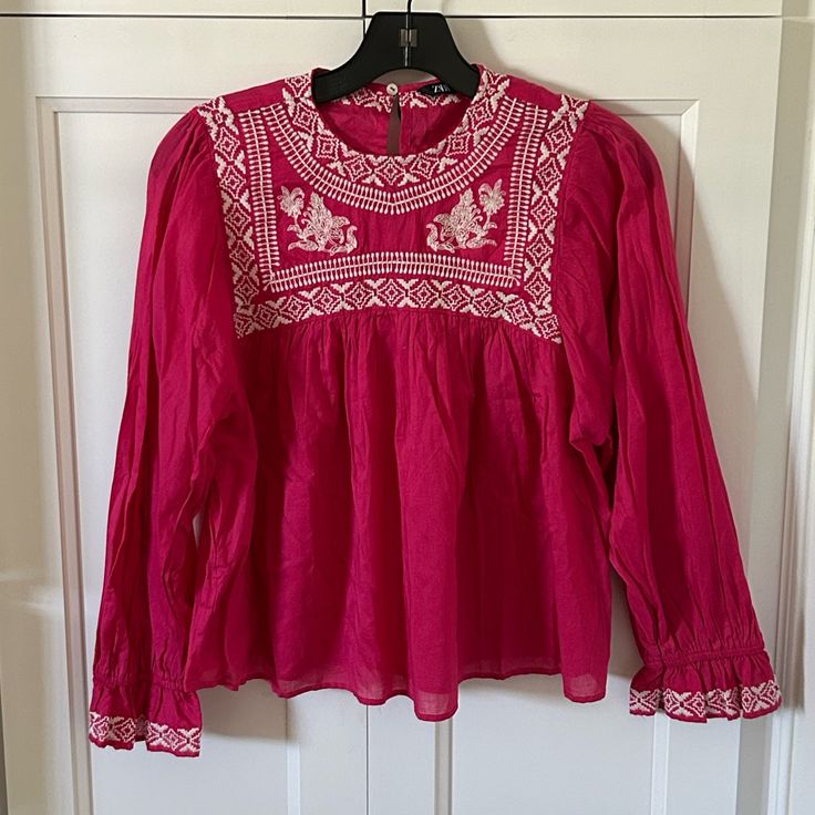 Beautiful Dark Pink Embroidered Top From Zara. In Excellent New Condition. Size: Xs 21” Long From Shoulder To Hem Fitted Casual Embroidered Top With Intricate Embroidery, Casual Fitted Embroidered Top With Intricate Embroidery, Fitted Casual Top With Intricate Embroidery, Casual Fitted Blouse With Intricate Embroidery, Fitted Casual Top With Chikankari Embroidery, Zara Multicolor Embroidered Top For Spring, Fitted Long Sleeve Top With Embroidered Hem, Long Sleeve Tops With Contrast Embroidery For Spring, Casual Long Sleeve Top With Tonal Embroidery