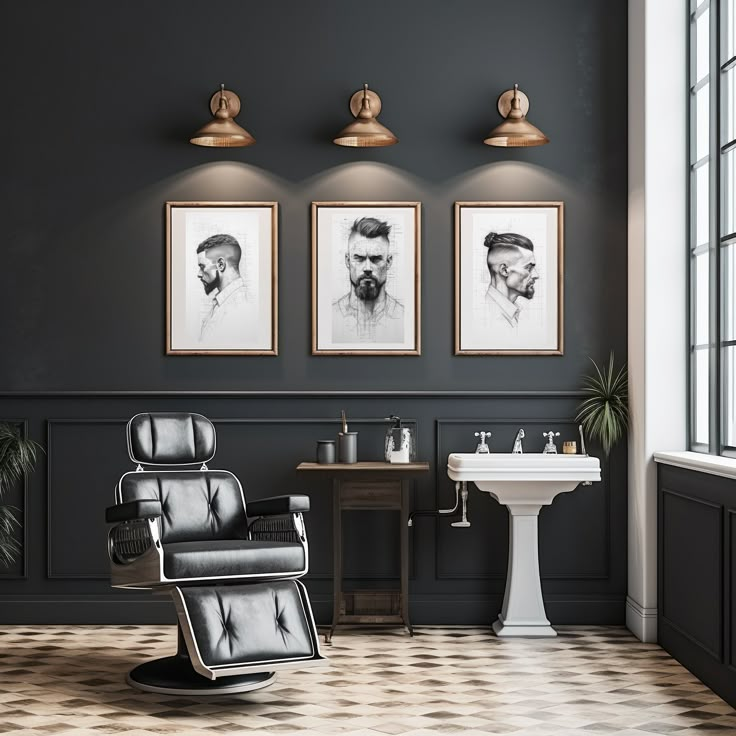 a black and white bathroom with three framed portraits on the wall, a pedestal sink and a chair