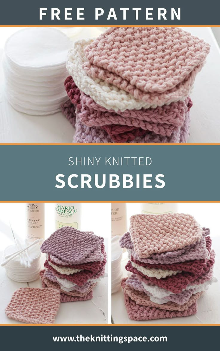 Craft yourself these shiny knitted square scrubbies for a versatile and reusable make-up pad. Perfect for beginner knitters, choose various lovely shades for this easy-to-knit set. | Discover over 4,500 free knitting patterns at theknittingspace.com #knitpatternsfree #DIY #giftideas #handmadegifts #weekendknittingprojects #seedstitch #knittingforspa Knitting Crafts For Beginners, Easy Things To Knit For Beginners Free, Easy Knitted Projects, Knit Projects To Sell, Knit Face Scrubbies Free Pattern, Easy Knitting Gift Ideas, Knit Scrubbies Free Pattern, Trendy Knitting Patterns, Knit Hot Pads Free Pattern