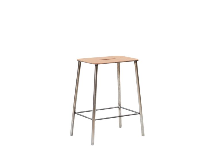 a wooden stool with metal legs and a square seat on the bottom, against a white background