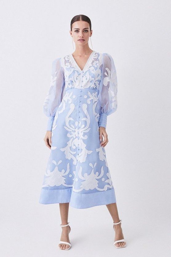 Applique Organdie Buttoned Woven Maxi Dress | Karen Millen Elegant Sheer Midi Dress For Wedding, Formal Floral Embroidered Midi Dress, Chic Formal Midi Dress With Floral Embroidery, Formal Sheer Organza Midi Dress, Spring Organza Embellished Dress, Feminine Floral Embroidered Formal Dress, Formal Midi Dress With Floral Embroidery, Feminine Formal Dresses With Floral Embroidery, Formal Feminine Dresses With Floral Embroidery