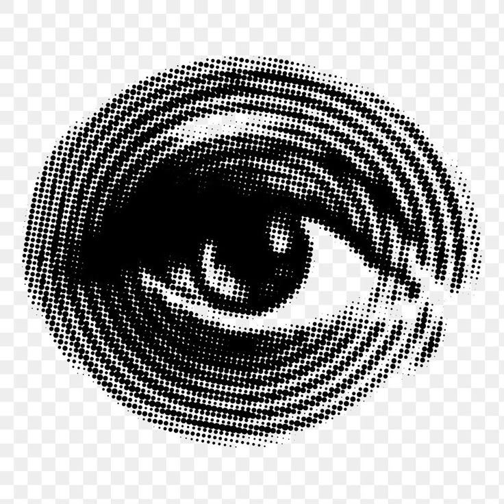 an eye looking into the distance with black and white circles around it, on a transparent background