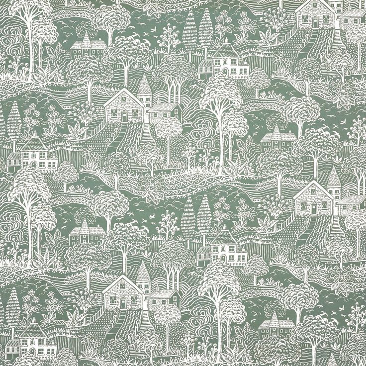 a green and white wallpaper with houses in the woods on it's side