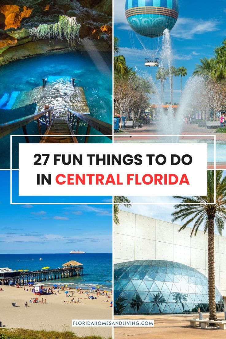 several photos with the words 27 fun things to do in central florida on it and palm trees