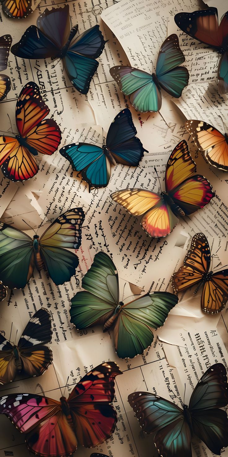 many colorful butterflies sitting on top of an open book