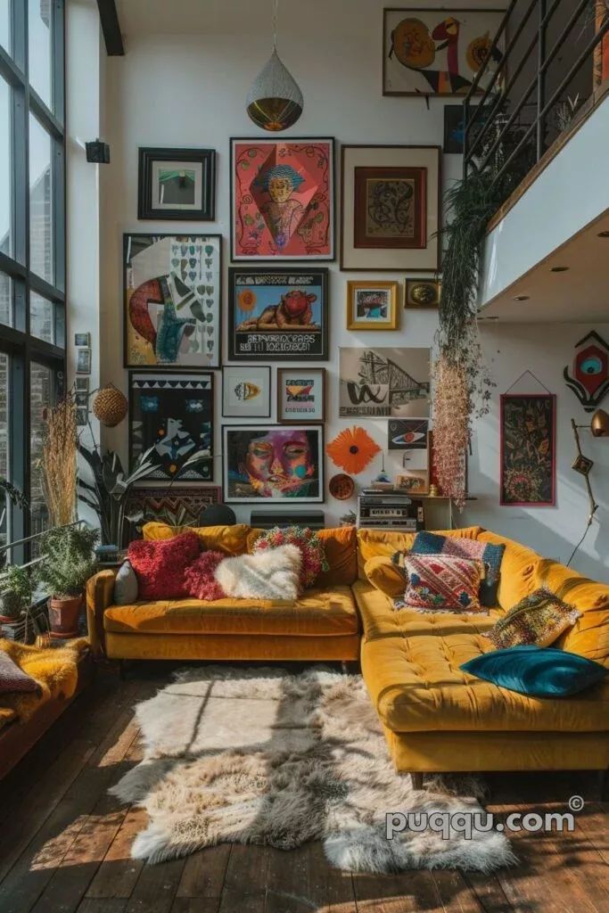 a living room filled with yellow couches and pictures on the wall