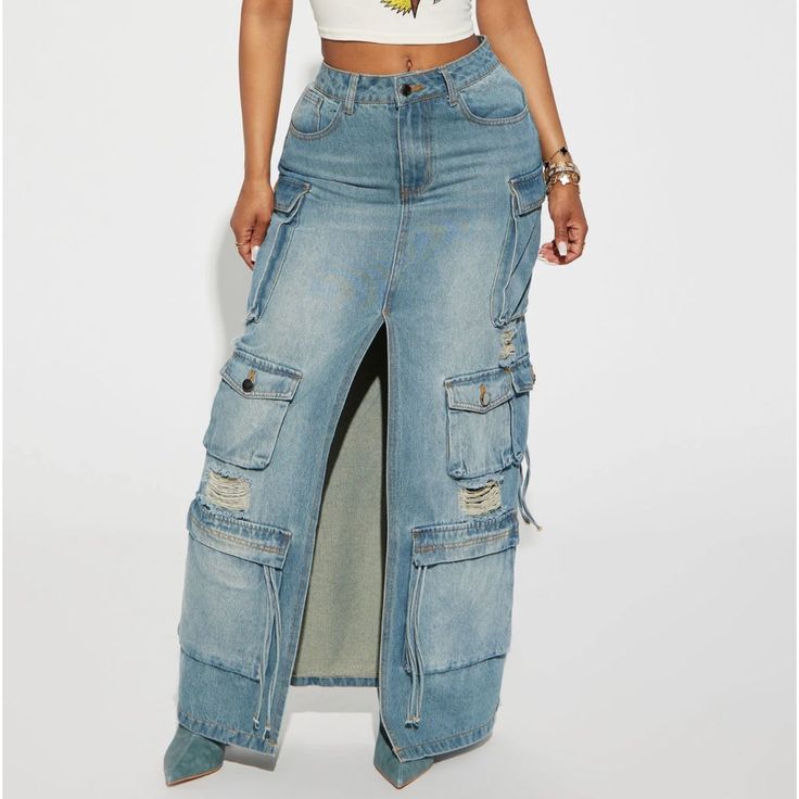 New Fashion Nova Distressed Cargo Maxi Denim Jean Skirt 2xl. High Rise Denim Skirt For Streetwear, High Rise Denim Skirt In Medium Wash For Streetwear, Distressed Denim Skirt, Denim Jean Skirt, Denim Maxi, Original Fashion, Denim Maxi Skirt, Cargo Skirt, Jean Top