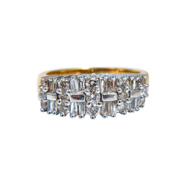 Cluster Row Baguette & Rounds Band. 1.35ct. Natural brilliant diamonds Durable Built. Si-2 clarity J color. 14kt yellow gold. 5.8 Grams Overall ring: 7.8mm wide Depth: 6.2mm Current ring size: 7 Appraisal to accompany $3500 May professionally resize, please inquire. Diamond White Cluster Ring With Baguette Diamonds, Diamond White Diamond Ring With Baguette Diamonds, Dazzling Diamond White Ring With Baguette Diamonds, Diamond White Baguette Diamond Ring, Dazzling Baguette Diamond Ring For Formal Occasions, Baguette Diamond Ring With Diamond Accents, Dazzling Diamond Cluster Ring With Baguette Diamonds, Baguette Diamond Rings With Single Cut Diamonds, Rectangular Diamond White Ring With Baguette Diamonds