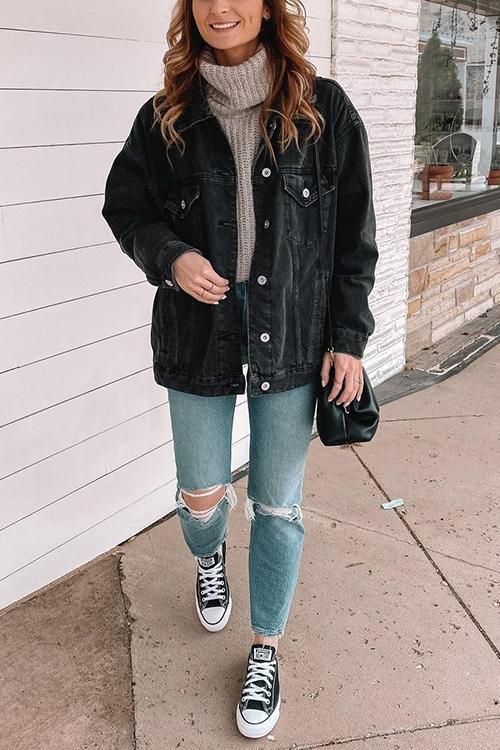 a424ed4bd3a7d6aea720b86d4a360f75desc52900489ri Jean Jacket Outfits, Causual Outfits, Black Denim Jacket, Mode Inspo, Outfit Inspo Fall, Denim Jackets, Fall Winter Fashion, Mode Inspiration, Winter Fashion Outfits