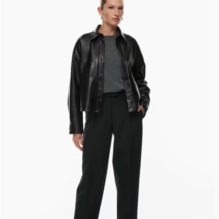 Nwt Size Xxl Runs A Little Big Aritzia Leather Shirt, Collared Leather Jacket For Work In Winter, Classic Black Shacket For Work, Formal Fall Tops With Pockets, Classic Relaxed Fit Outerwear For Work, Classic Black Shacket For Winter, Classic Black Winter Shacket, Black Business Tops For Fall, Sleek Single Breasted Long Sleeve Outerwear