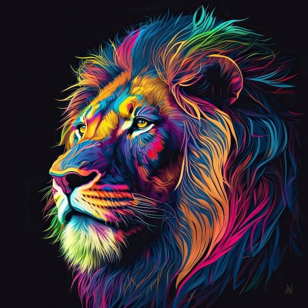 a colorful lion's head on a black background