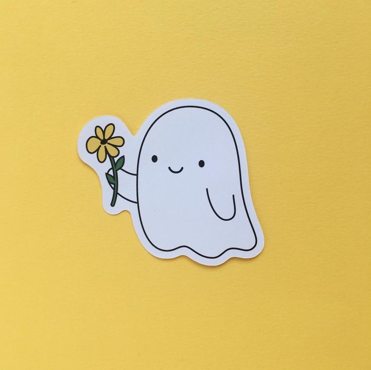 a sticker with a ghost holding a flower