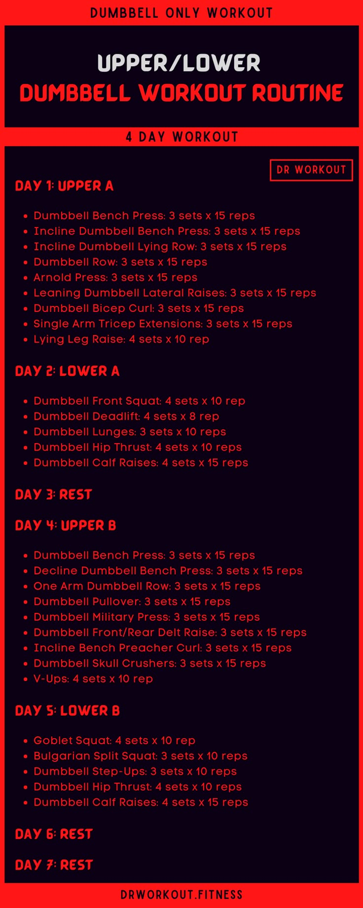 4 Day Upper Lower Dumbbell Workout Plan Dumbell Workout Weekly Schedule, 3 Day Dumbbell Split, Ppl Dumbbell Workout, Dumbbell Split Workout Plan, 4 Day Full Body Workout Plan, Dr Workout Fitness, Dumbell Workout Routine, Full Body Dumbbell Workout At Home, Betterme Workout