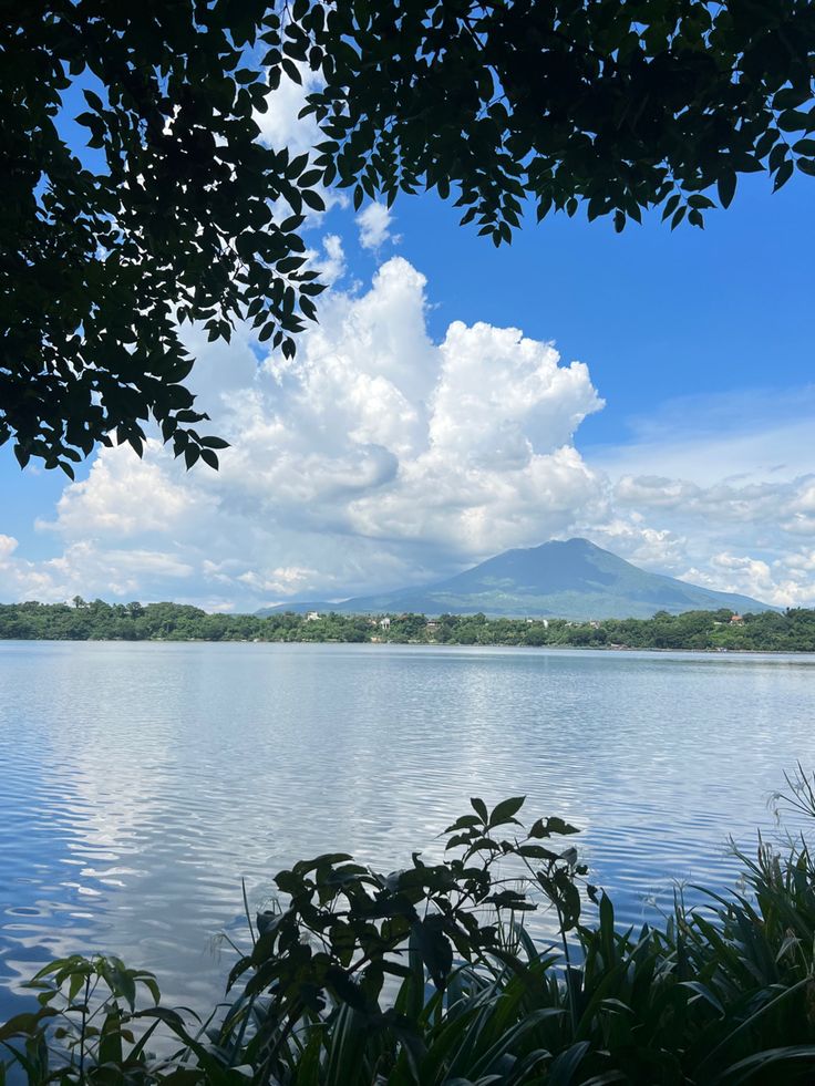 a lake with water and trees in the foreground under a blue sky filled with clouds