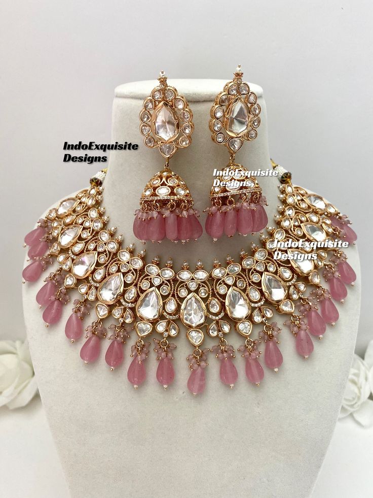 Tyaani inspired Premium Quality uncut Polki Kundan Necklace set comes with Jhumki Earrings/pink/uncut Polki/ Bridal sets/Reception/Wedding/bridal jewelry/ Indian jewelry /Kundan Jewelry/uncut kundan polki necklace All items are shipped from Brampton, Ontario, Canada. If you need your item by a certain day, please reach out to us for express delivery option before placing the order so that we can update the shipping for you before you place the order. Standard shipping/delivery timeline Below are the estimated delivery times once the order is shipped/dispatched.  ---> USA delivery timeline * 4-8 business days to major urban centers in USA. It may take 2-3 days extra to remote locations ---> Canada delivery timeline  * 2-3 business days - GTA  & Montreal  * 2-4  business days - Rest of Ontar Bridal Jewelry Indian, Kundan Polki Necklace, Pink Wardrobe, Brampton Ontario, Kundan Jewellery Bridal, Jewelry Kundan, Bride Necklace, Kundan Necklace Set, Jewelry Set Design