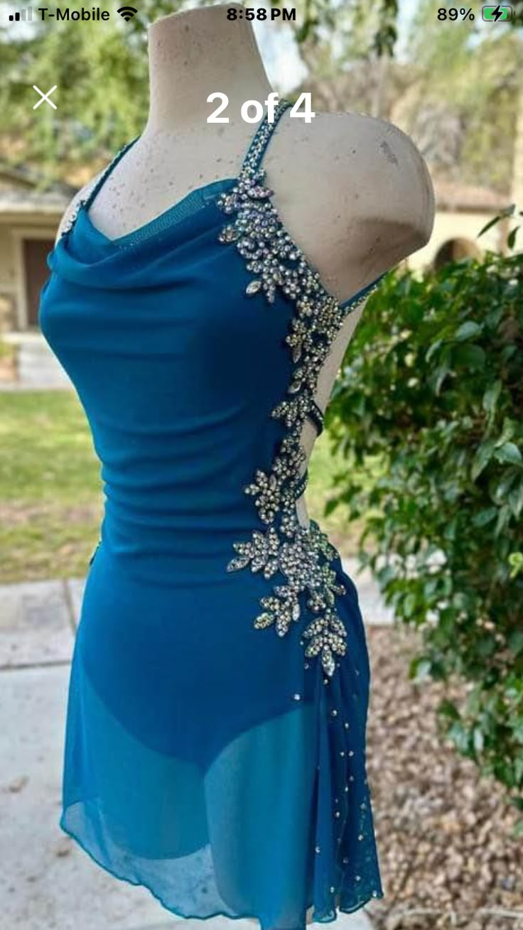 a blue dress on display in front of a tree and bushes with the price tag below it