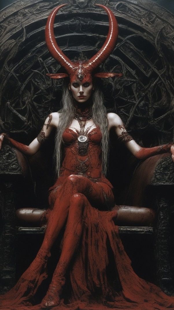 a woman with horns sitting on a throne