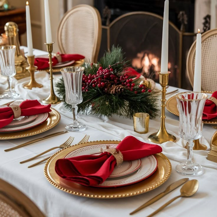 a table set for christmas dinner with red napkins and gold place settings