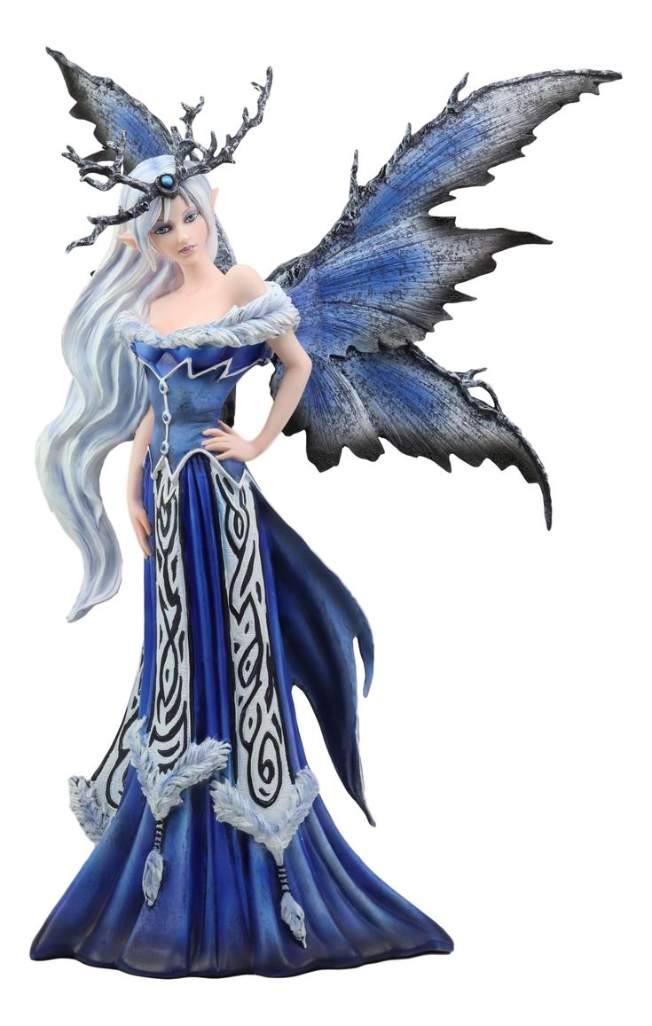 a blue fairy figurine with white hair and wings