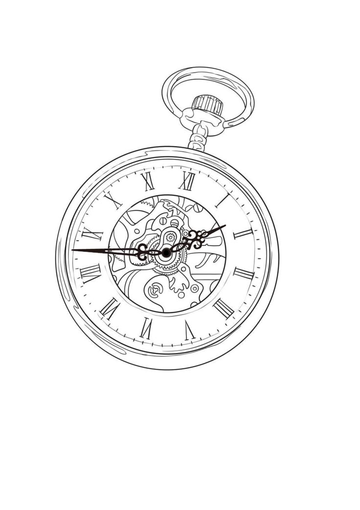 a black and white drawing of a pocket watch