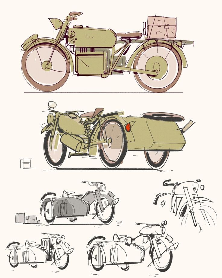 an old fashioned motorcycle and side car are shown in three different views, including the front wheel