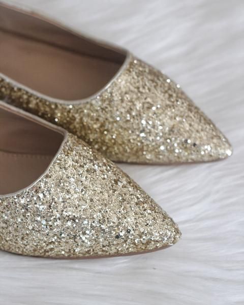 GOLD Pointy Toe Rock Glitter Flats – Kailee P. Inc. Glitter Flat Heel Wedding Shoes For Party, Glitter Pointed Toe Wedding Shoes For Prom, Elegant Pointed Toe Closed Toe Flats For Party, Glamorous Closed Toe Party Flats, Elegant Closed Toe Pointed Flats For Party, Party Wedding Shoes With Glitter Accents And Pointed Toe, Glitter Accented Pointed Toe Wedding Shoes, Flat Heel Wedding Shoes With Glitter, Elegant Gold Ankle Strap Flats