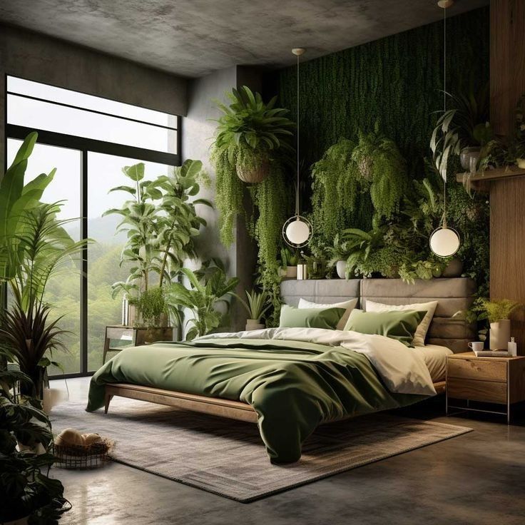 a bedroom with lots of green plants on the wall and bed in front of it