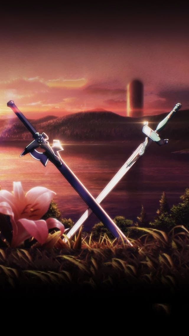 two swords are laying on the ground in front of some flowers and an island at sunset