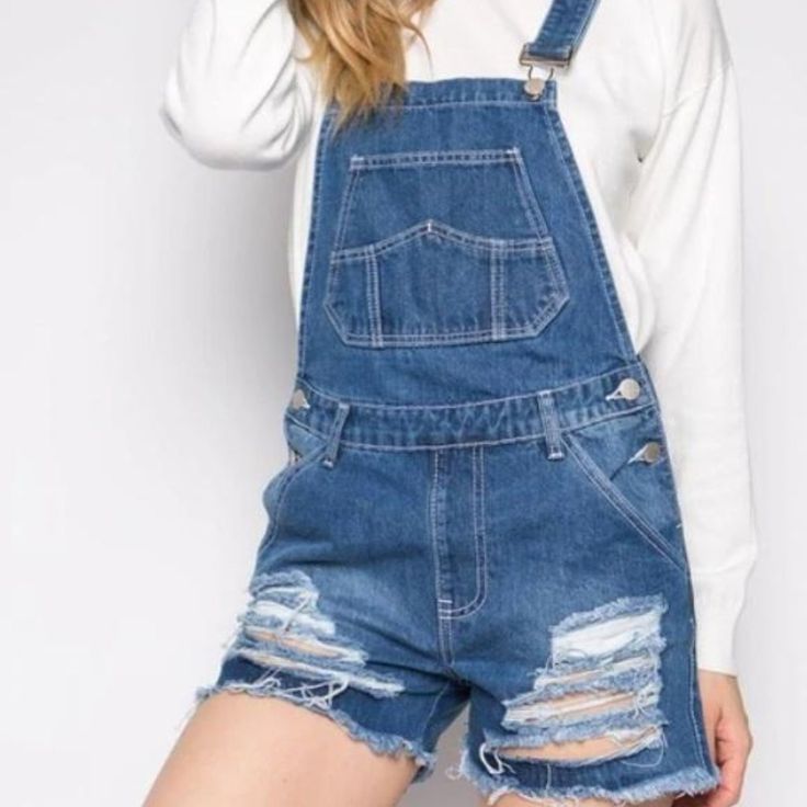 Available In: Demin Boyfriend Fit Destroyed Denim Overalls Shorts 100% Cotton Trendy Cutoff Shortalls For Spring, Trendy Spring Cutoff Shortalls, Casual Distressed Shortalls For Spring, Trendy Medium Wash Denim Shortalls, Trendy Cotton Cutoff Shortalls, Trendy Shortalls With Frayed Hem, Ripped Denim Overalls For Spring, Ripped Overalls For Summer, Trendy Denim Overalls With Frayed Hem