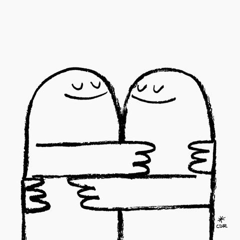 two people are hugging each other with their eyes closed and one is holding the other's hand