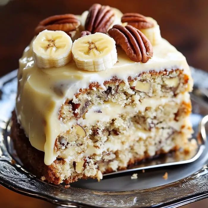 a piece of cake with bananas and pecans on top is sitting on a plate