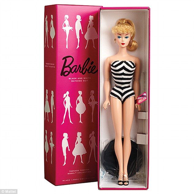 a barbie doll in a pink box with black and white stripes on it's body