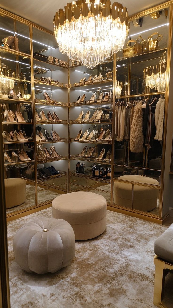 a closet filled with lots of shoes and foot stools next to a chandelier