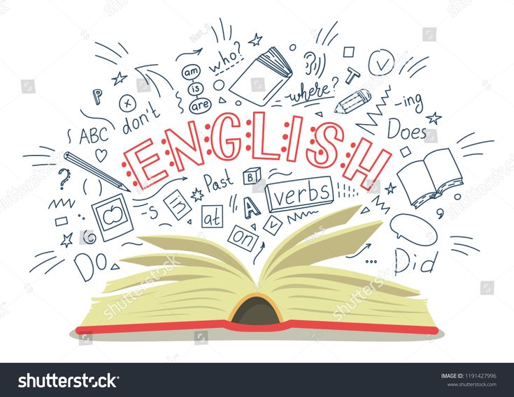 an open book with the word english in it and doodles around it on a white background