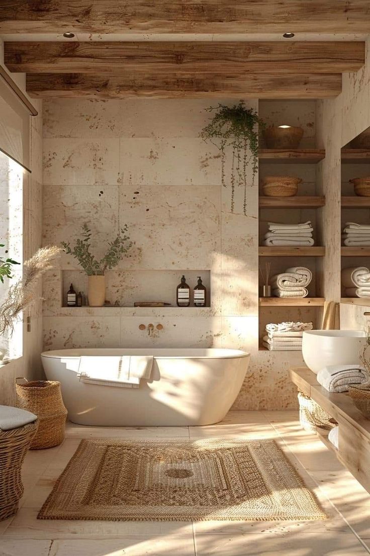 a bath room with a tub a sink and shelves