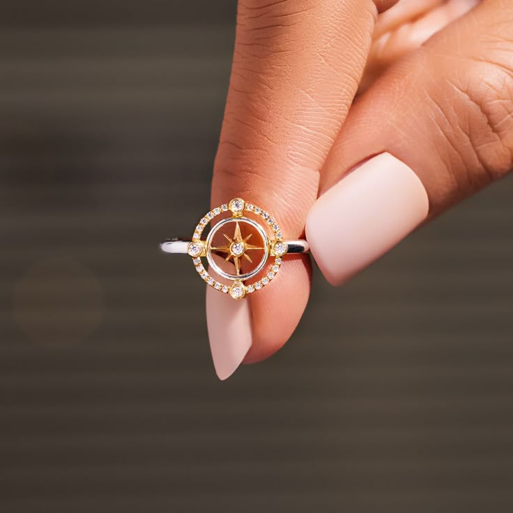 Compass Diamond Ring, Compass Rings, Compass Ring Women, Jewelry For Wife, North Star Ring, Anniversary Jewelry Ring With Compass Design, Compass Design Ring Jewelry For Gift, Compass Design Ring As A Gift, Compass Design Jewelry Ring Gift