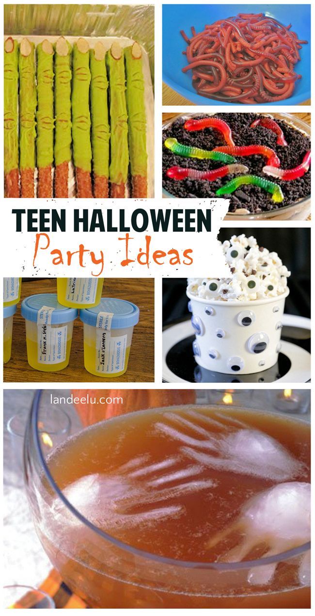 halloween party food and desserts with text overlay that reads teen halloween party ideas