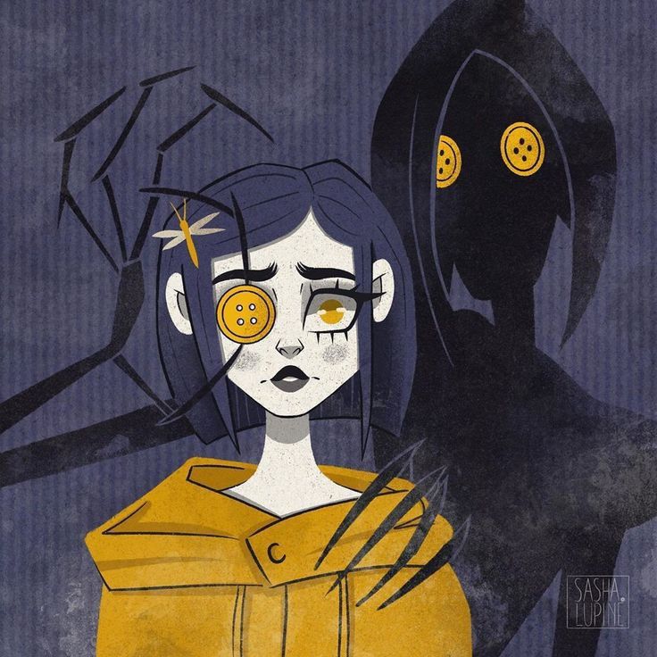 an illustration of a woman with buttons on her eyes, and a man in the background