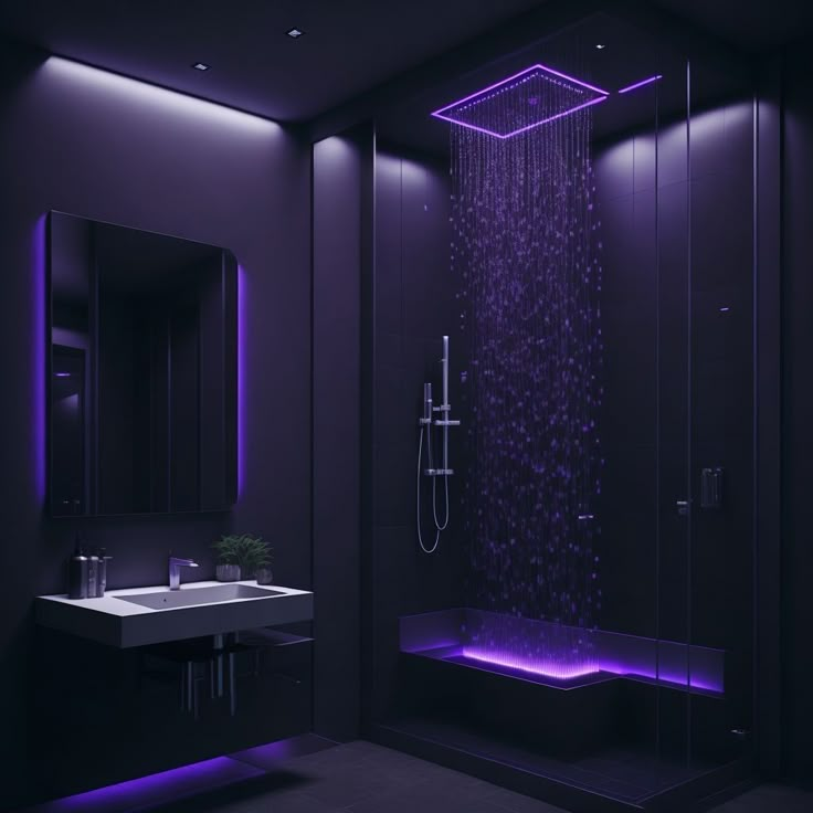 a bathroom with purple lighting in the shower