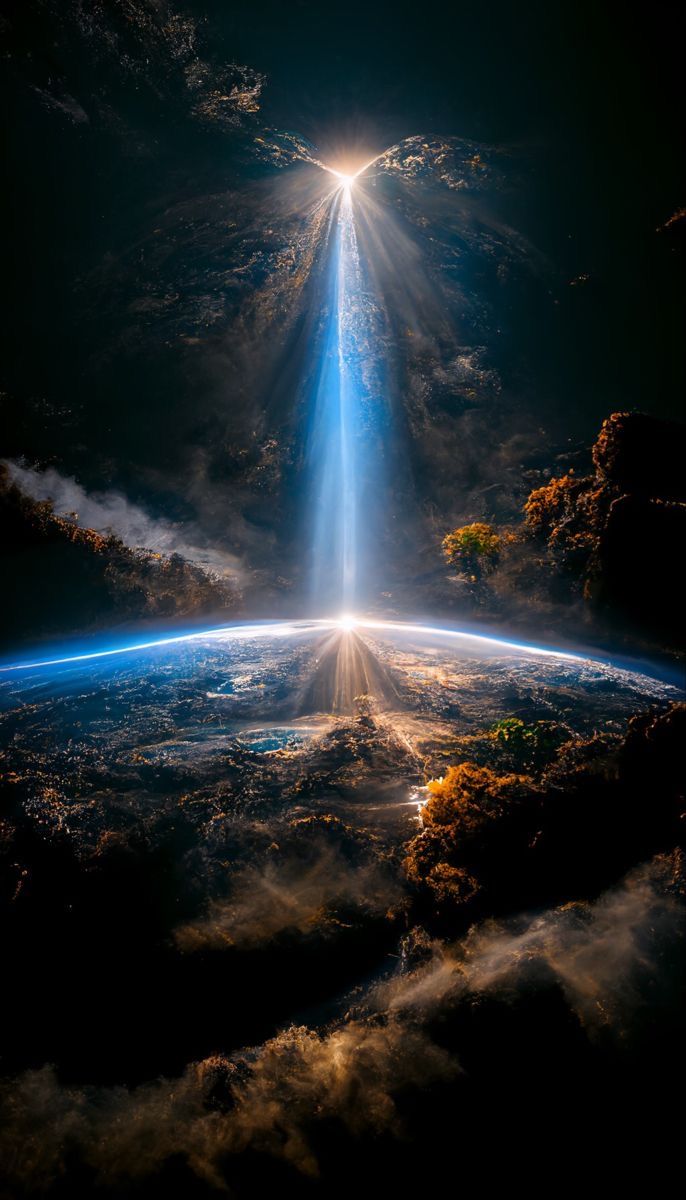 an image of the earth from space with light coming out of it's center