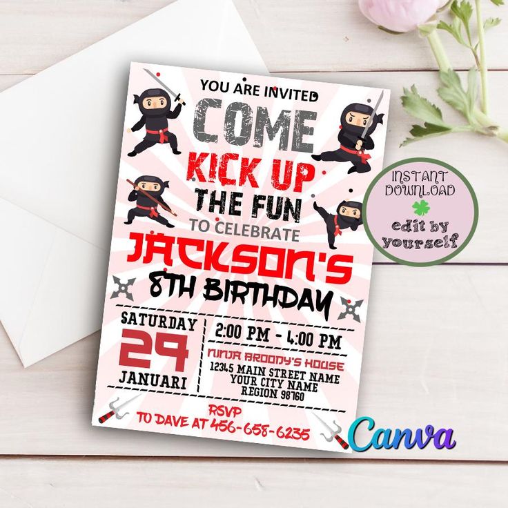 this is an image of a birthday party card with ninjas on the front and back