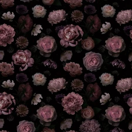 pink and purple flowers are arranged in rows on a black background, with one large flower surrounded by smaller ones