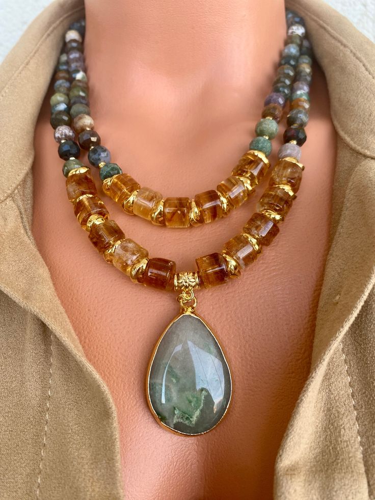 Citrine and Indian Agate Layered Necklace Set with Aventurine Pendant Metal Ornaments, Indian Agate, Layered Necklace Set, Gold Jewelry Necklace, Elegant Necklace, Natural Citrine, Stone Pendant Necklace, Statement Necklaces, Elegant Necklaces