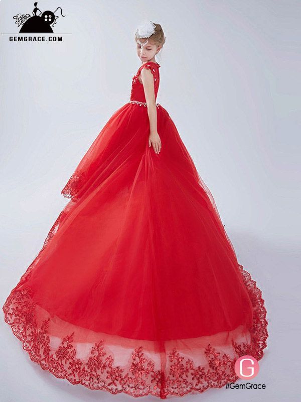 Long Train Red Lace Girl's Pageant Dress with Crystals Red Sleeveless Ball Gown For Quinceanera, Floor-length Lace Quinceanera Dress, Red Sleeveless Gown For Quinceanera, Red Gown For Pageant During Prom Season, Tulle Floor-length Quinceanera Dress For Pageant, Lace Ball Gown For Pageant, Floor-length Tulle Quinceanera Dress For Pageants, Floor-length Tulle Quinceanera Dress For Pageant, Lace Floor-length Ball Gown For Pageants