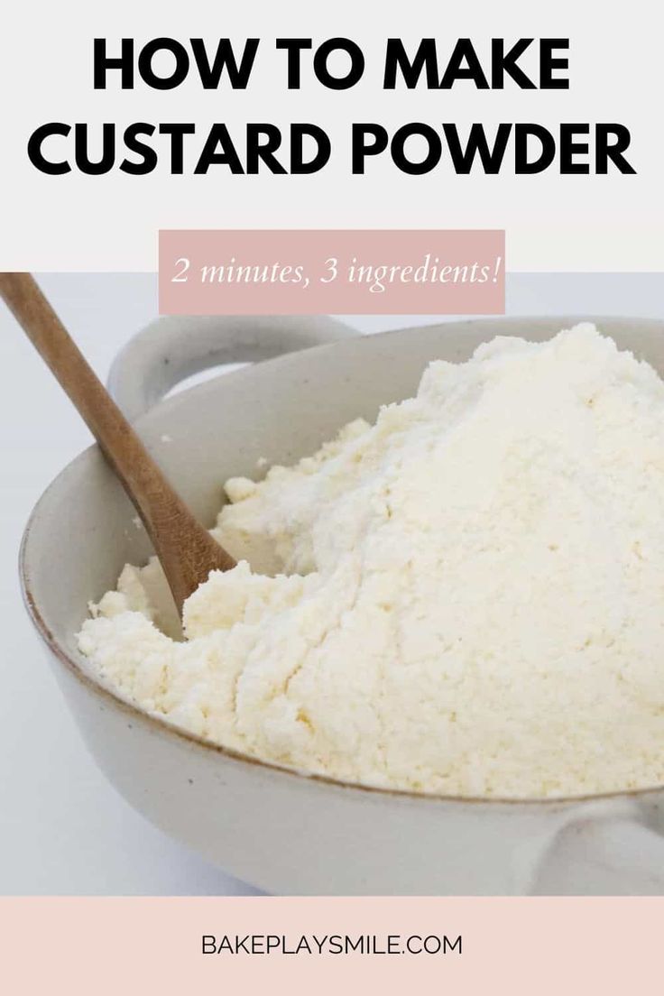 how to make custard powder in a bowl with text overlay that reads, how to make custard powder 2 minutes 3 ingredients